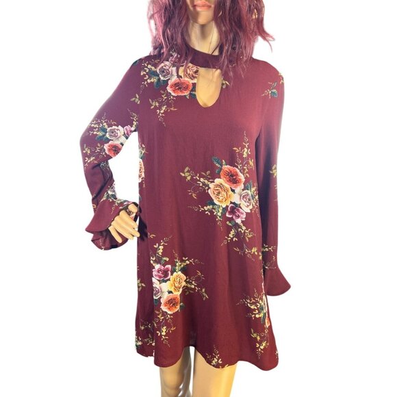 (5 for $25) Floral Print Long Sleeve Swing Dress in Burgundy Size Small - Picture 1 of 5